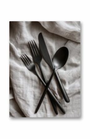 An overhead shot showcasing black cutlery neatly arranged on a textured cloth
