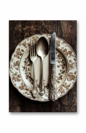 Elegant vintage table setting with ornate cutlery on a decorative plate, creating a classic dining atmosphere.