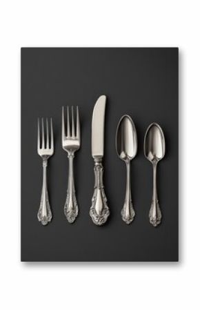 Elegant silver cutlery set arranged on a dark background, showcasing intricate designs.