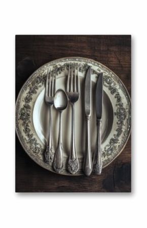 A vintage setting featuring ornate silver cutlery arranged neatly on an elegant plate.
