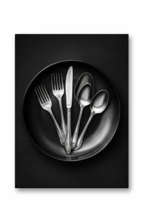 Elegant silverware displayed on a sleek black plate, highlighting refined dining aesthetics.