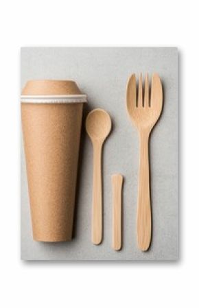 Eco-Friendly Bamboo Cutlery Set and Paper Cup on Light Grey Background