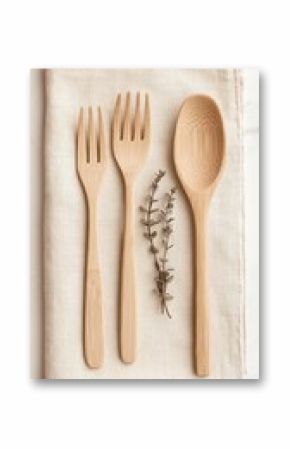 Bamboo Cutlery Set on Beige Napkin with Eucalyptus