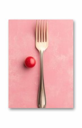Minimalist Still Life of a Single Cherry Tomato and Silver Fork on Pink Background