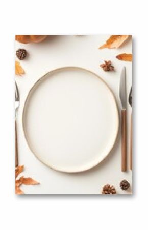 Autumnal Thanksgiving Table Setting with Pumpkin and Leaves