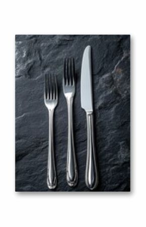 Elegant silver cutlery arranged neatly on a dark stone surface showcasing fine dining accessories for a gourmet meal