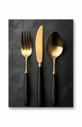 Elegant gold and black cutlery set displayed on a textured dark surface for modern dining experiences