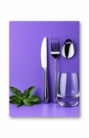 Elegant cutlery and glass, vibrant purple background, fresh basil