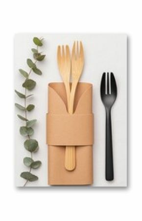 Bamboo Cutlery on Kraft Napkin with Eucalyptus Decor