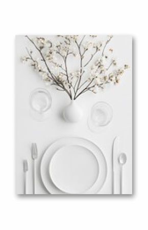 Minimalist White Table Setting with Spring Flower Branch