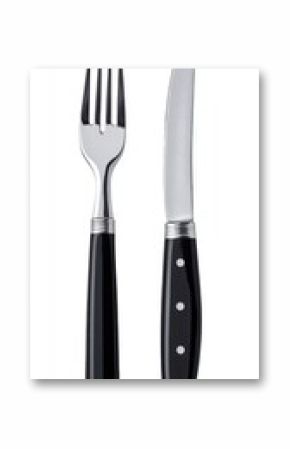 Isolated Fork and Knife Set on White Background Studio Shot Flat Lay Table Setting Silverware Utensil Black Handle