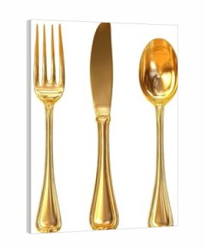 Gold cutlery set, fork, knife, and spoon