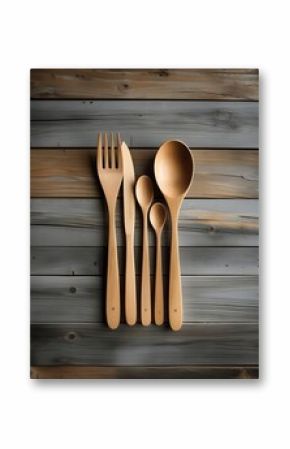 Minimalist set of eco-friendly wooden cutlery including fork, knife, and spoons arranged neatly on rustic wooden planks, showcasing sustainable design and natural craftsmanship  