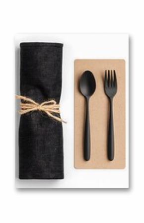 Black Reusable Cutlery Set in a Fabric Case on White Background