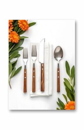 Elegant place setting with orange flowers and wooden cutlery