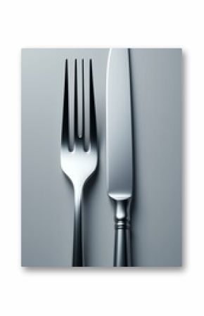 Close up photo of fork and knife cutlery on a gray background showcasing modern dining utensils