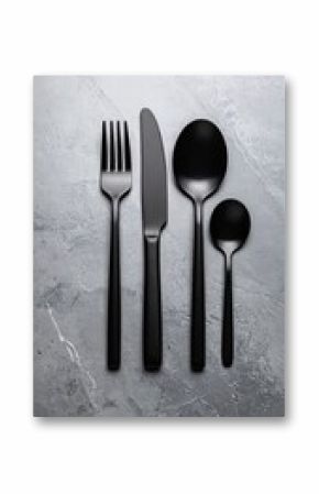 Black cutlery set lying on gray marble table