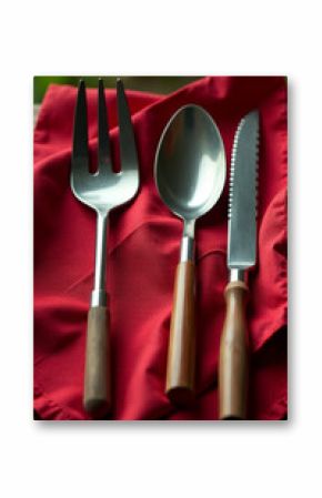 A set of cutlery placed on a vibrant red tablecloth