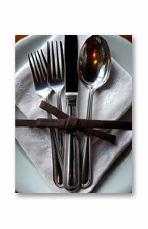 Elegant dining: silver cutlery set on white napkin, presented on a pristine plate for a sophisticated table setting.