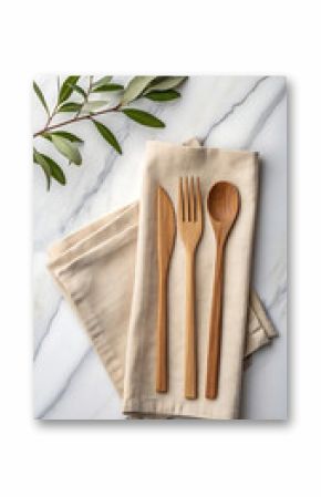 Elegant table setting with wooden cutlery napkin and fresh greenery on a marble surface