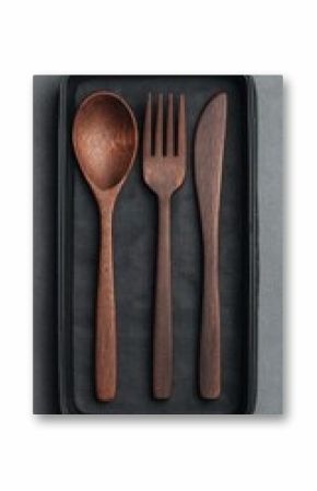 Wooden cutlery set in a black container
