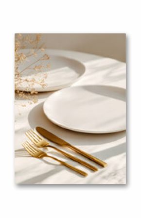 Elegant tableware presentation golden cutlery white plates minimalistic composition light and shadow luxury dining