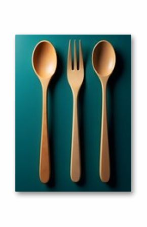 Wooden Spoons and Wooden Fork on Teal Background 
