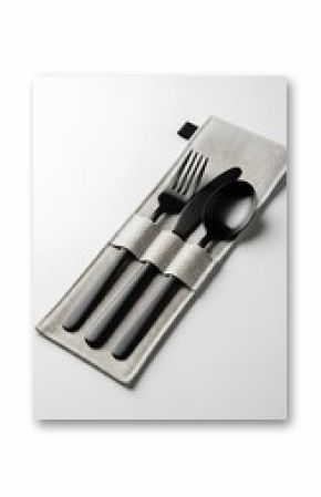 Sleek Black Cutlery Set in a Neutral Fabric Case, Minimalist Design