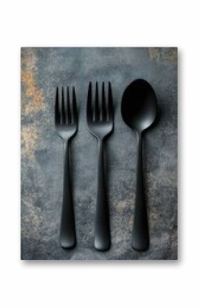 Black cutlery arranged on a textured surface with a modern aesthetic appealing to minimalistic dining designs