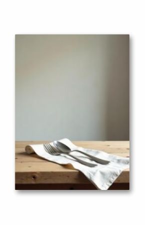Simple Elegance Silverware Resting on a Linen Napkin on a Rustic Wooden Table