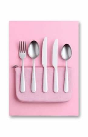 Reusable Cutlery Set in Pink Pouch on Pink Textured Background