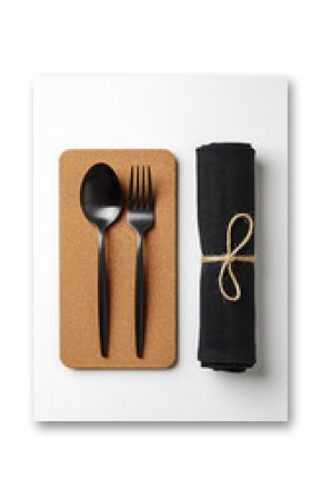 Minimalist table setting black cutlery cork placemat black napkin flat lay, table setting, cutlery, silverware, flatware, black, spoon, fork, napkin, cork, placemat, minimalist, modern, elegance, neut