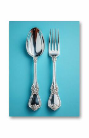 Elegant Silver Spoon and Fork on Blue Background