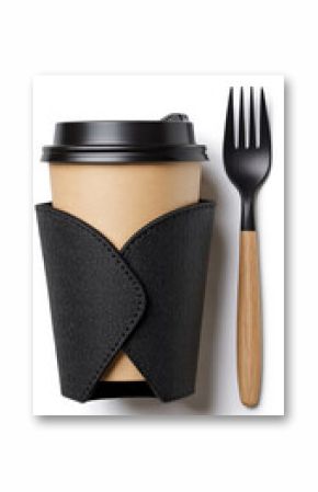 Kraft paper coffee cup with black sleeve and wooden fork