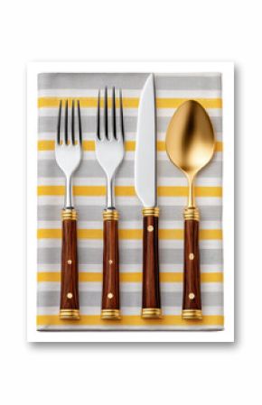 Elegant gold and wood handled cutlery set on striped napkin Isolate silverware