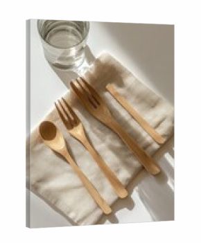 Natural bamboo cutlery set on beige linen napkin, with water glass. Sunlight casts shadows