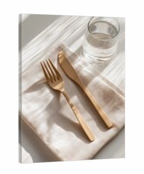 Gold cutlery and napkin on a white wooden table, bathed in sunlight