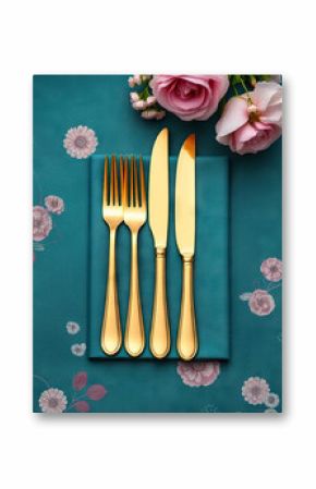Elegant gold cutlery set on teal napkin with floral accents, surrounded by pink roses, creating luxurious dining ambiance