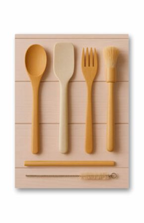 A stylish and sustainable bamboo cutlery set including spoon, fork, spatula, brush, straw, and cleaning brush.
