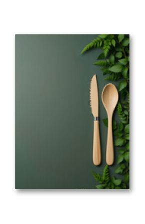 Lush Greens Meet Wooden Cutlery on a Textured Dark Green Background  