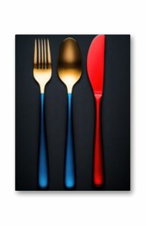 Unique gold and colored cutlery set arranged on a dark background for modern dining aesthetics