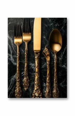 Elegant gold cutlery arranged beautifully on a dark marble background, showcasing intricate designs and luxurious appeal