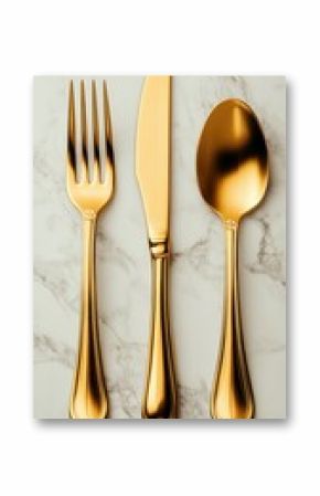 Elegant golden cutlery arranged on a marble surface in a sophisticated dining setting