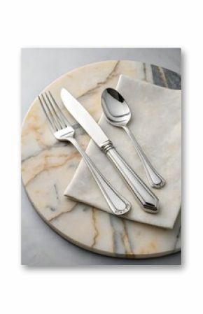 Photo of elegant silver cutlery set on a marble surface, ready for a formal dinner