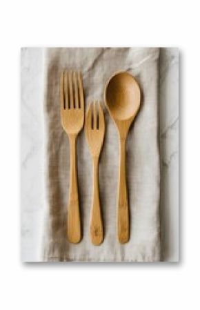 Bamboo Utensils on Linen Napkin, Marble Surface