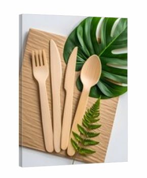 Eco friendly wooden cutlery set fork knife spoon sustainable tableware with green leaves