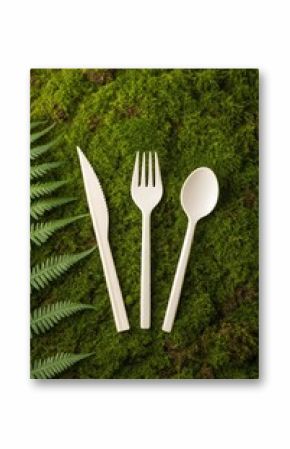 Eco friendly disposable cutlery set arranged on a bed of lush green moss with fern leaves
