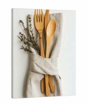 Beige linen napkin folded with wooden cutlery and small sprig