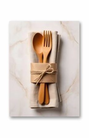 Wooden utensils tied with twine on a linen napkin over marble