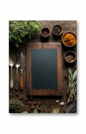 Rustic wooden board with blank chalkboard, surrounded by herbs, spices, and antique cutlery on a dark wood background